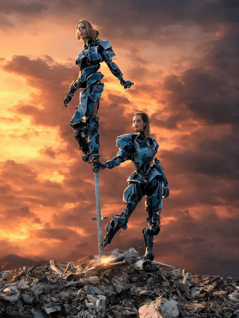 Prompt: emily blunt in futuristic power armor, alone, standing atop a pile of rubble, sword on shoulder, sunset and big clouds backdrop