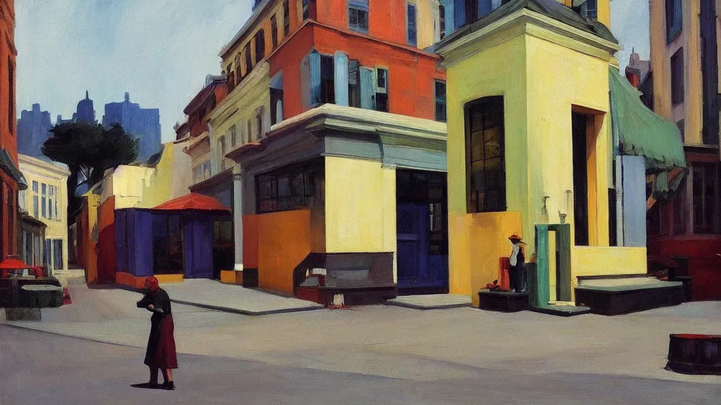 Image similar to Street art. paralyzed by the indescribable beauty of the cosmos. the work place of a painter artist. art style by Edward Hopper daring, incredible