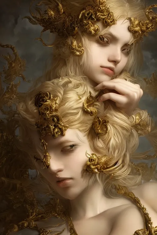 Image similar to final fantasy, dramatic, elaborate emotive Baroque and Rococo styles to emphasize beauty as a transcendental, 8k image, ultra-realistic, the style of WLOP