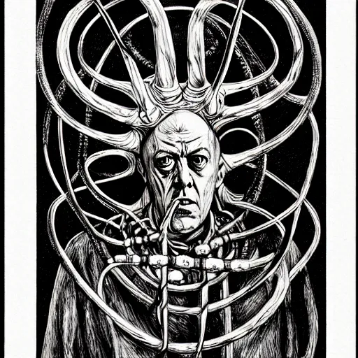 Prompt: graphic illustration, creative design, aleister crowley, biopunk, francis bacon, highly detailed, hunter s thompson, occult, magical, concept art