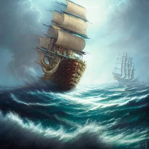 Prompt: A kraken emerging from the stormy ocean depths attacking a 17th century Ship-of-the-line, atmospheric, dramatic, concept art by Peter Mohrbacher