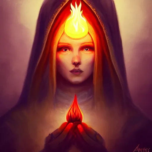 Image similar to ( a priestess with a hood that covers half her face carries an incense burner that emits a pleasantly colored flame. ) by anato finnstark, dream, full body portrait, dynamic lighting, beautiful, trending on artstation, wallpaper, 4 k, award winning, digital art, very detailed faces