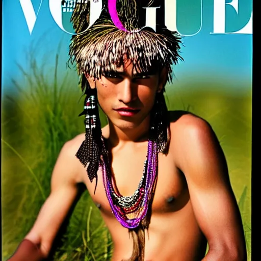 Image similar to a beautiful professional photograph by hamir sardar, herb ritts and ellen von unwerh for the cover of vogue magazine of an unusually handsome native male yanomami female fashion model looking at the camera in a flirtatious way, leica 5 0 mm f 1. 8 lens