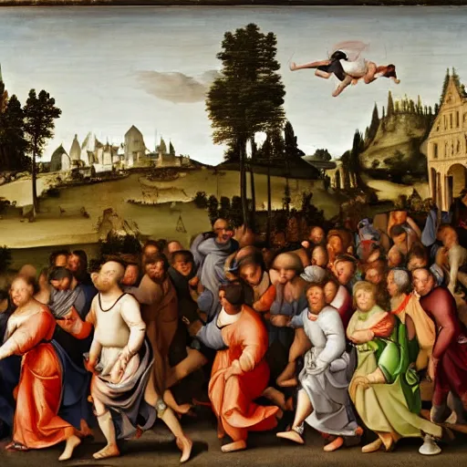 Prompt: a crowd running away from a man wearing black air force 1 s, renaissance painting, 1 6 th century