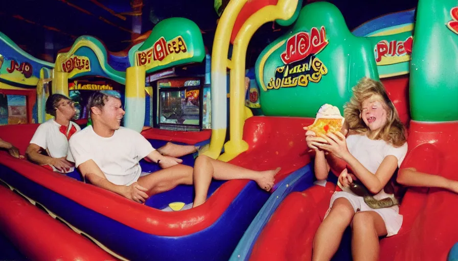 Prompt: 1990s photo of inside the Jello Friends Mouse Slide Show ride at Universal Studios in Orlando, Florida, riding a hotdog through a pizza slime arcade, cinematic, UHD