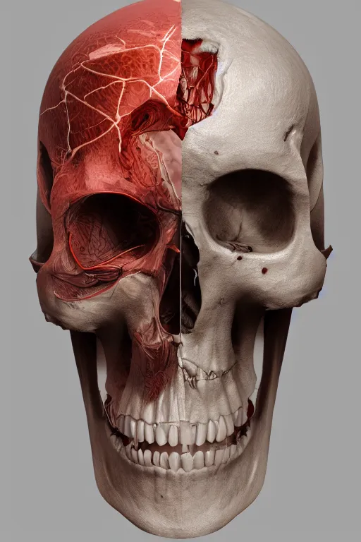 Prompt: detailed anatomical illustration of a fragmented skull, concept art, cgsociety, octane render, trending on artstation, artstationHD, artstationHQ, unreal engine, 4k, 8k