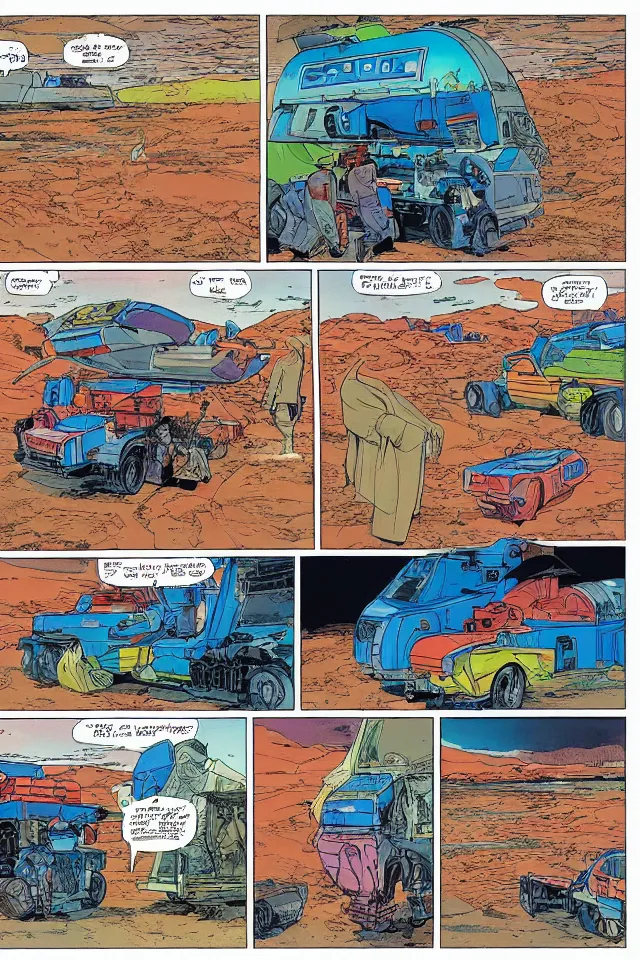 Image similar to colorfull comicpage with panels and speech balloons by Moebius and Jean Giraud showing a futuristic oil truck driving through the desert, airtight garage