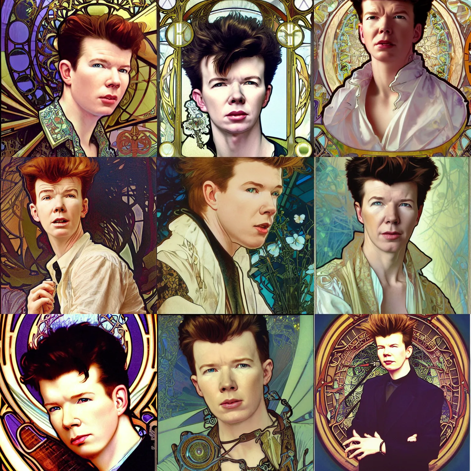 Prompt: realistic detailed face portrait of rick astley as a young teen in music video by alphonse mucha, ayami kojima, amano, greg hildebrandt, and mark brooks, art nouveau, neo - gothic, gothic