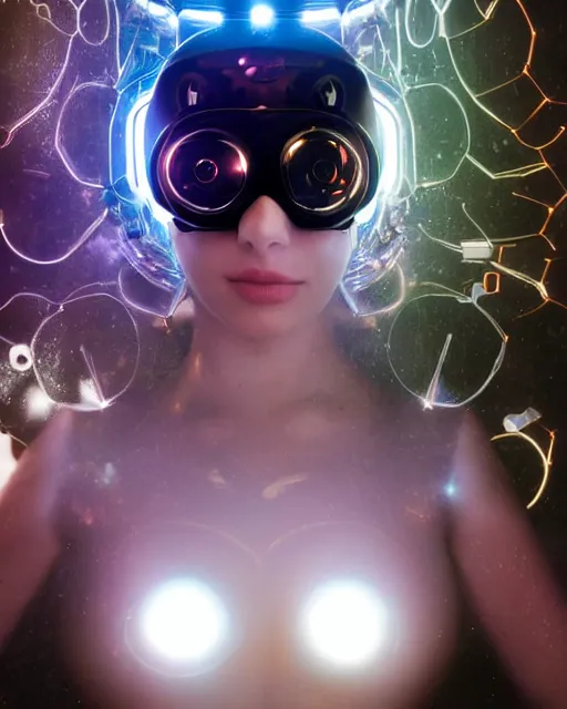 Prompt: centered portrait of seductive young sabrina salerno as a solarpunk mecha humanoid robotic parts wearing crystal goggles with bright led lights, real human face, pudica gesture bouguereau style, in white room, ultra - realistic and intricate, soft portrait shot 8 k