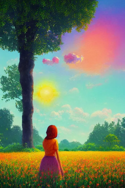 Prompt: flower growing out of girl head, standing in a flower field, big trees, sunrise dramatic light, impressionist painting, colorful clouds, digital painting, pointillism, artstation, simon stalenhag
