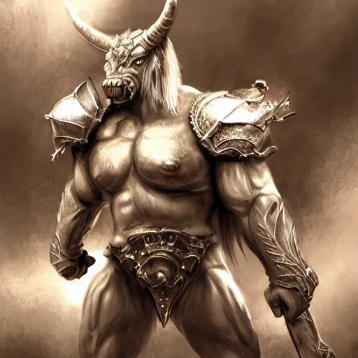 Image similar to Giant minotaur humanoid beast warrior with two handed axe, concept art, heavy white and golden armor, giant horns, full body, muscular, dungeons and dragons, hyperrealism, high details, digital painting, dark fantasy,