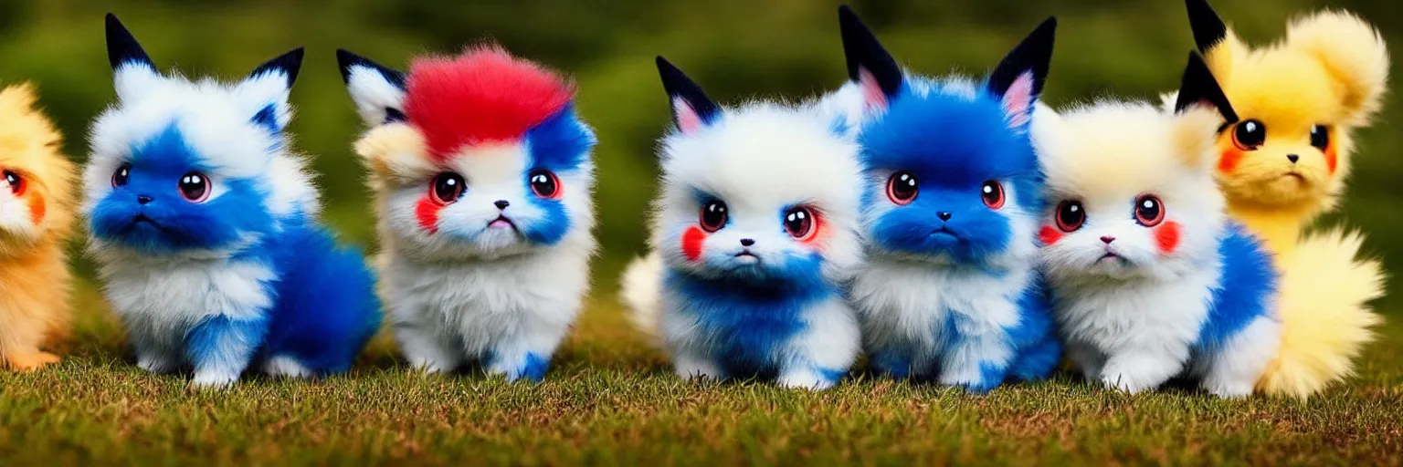 Image similar to real life pokemons, cute!!!, content!!!, mischievous!!!, adorable!!!, little furballs, fluffy!!!, ultra realistic!!!, golden hour, sharp focus