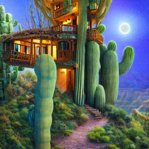 Prompt: fancy treehouse mansion built in a giant cactus on top of a cliff overlooking the grand canyon detailed 4k magical realism luminescent painting