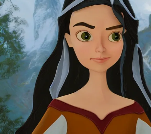 Image similar to Arwen from LOTR as a cartoon character in a Disney animated film; extremely detailed; masterpiece; trending on artstation; f/1.4; 90mm