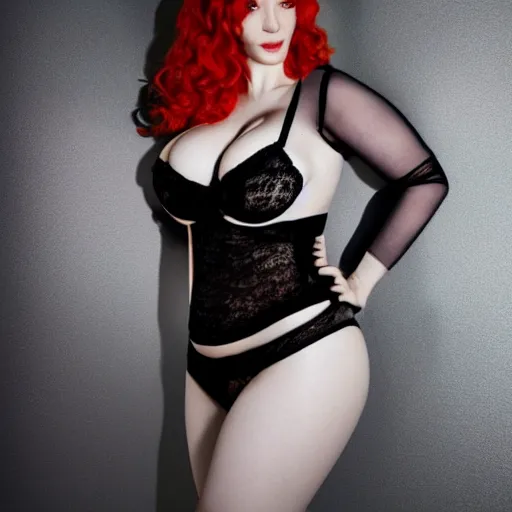 Prompt: 3 d render of christina hendricks in black lingerie, garter belt, high heels, smooth, intricate, octane, reflects, ultra detailed, sharp focus, symmetry