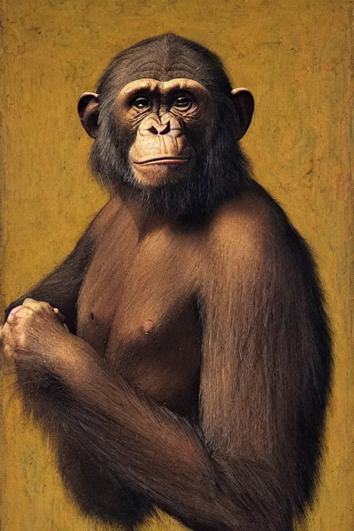 Image similar to portrait of a chimpanzee with a feather hat, oil painting by jan van eyck, northern renaissance style, oil on canvas, wet - on - wet technique, realistic, expressive emotions, detailed textures, illusionistic detail