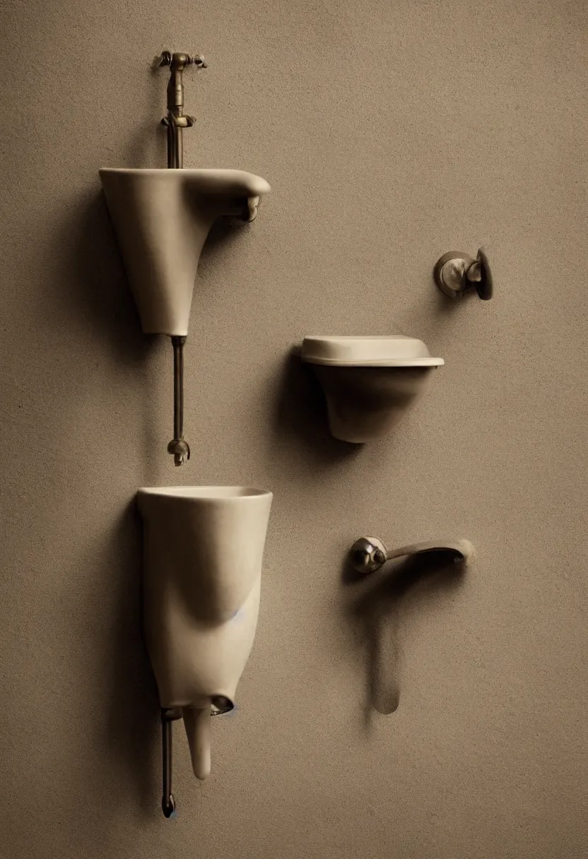 Image similar to a wooden handle into a ceramic urinal, readymade by Marcel Duchamp, Irving Penn Packshot