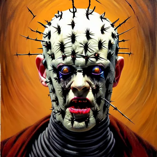 Image similar to portrait of pinhead from hellraiser. demonic cenobite. barbed wire face, blood. oil painting by lucian freud. path traced, highly detailed, high quality, j. c. leyendecker, drew struzan tomasz alen kopera, peter mohrbacher, donato giancola