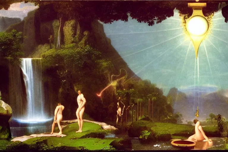 Prompt: The waterfall chalice, refracted moon sparkles, thunderstorm, greek pool, beach and Tropical vegetation on the background major arcana sky and occult symbols, by paul delaroche, hyperrealistic 4k uhd, award-winning, very detailed paradise