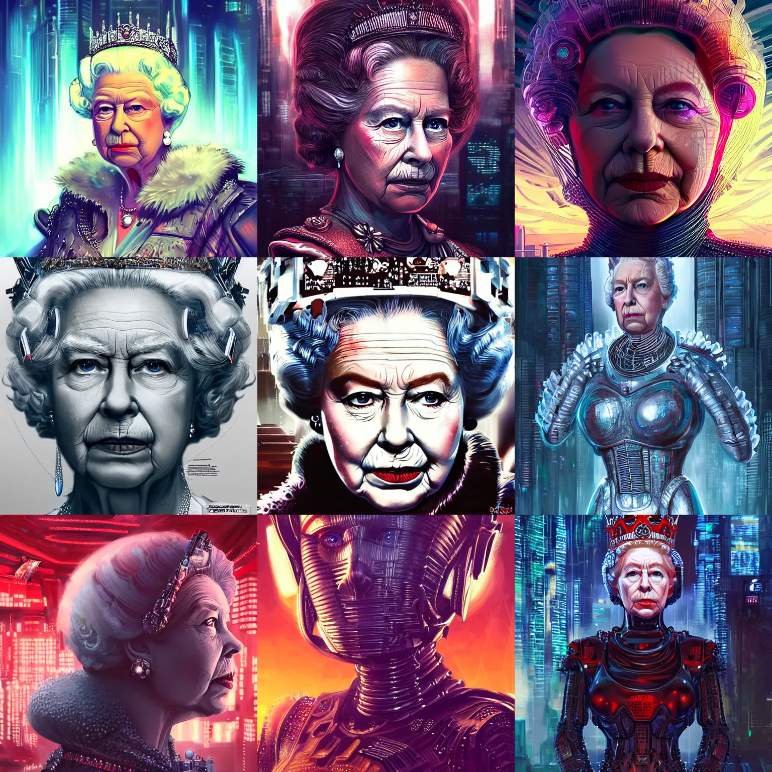 Prompt: very very very very highly detailed epic photo of the queen elizabeth ii in cyberpunk world, intricate, dystopian, sci - fi, extremely detailed, digital painting, artstation, concept art, smooth, sharp focus, illustration, intimidating lighting, incredible art by artgerm and vincent di fate