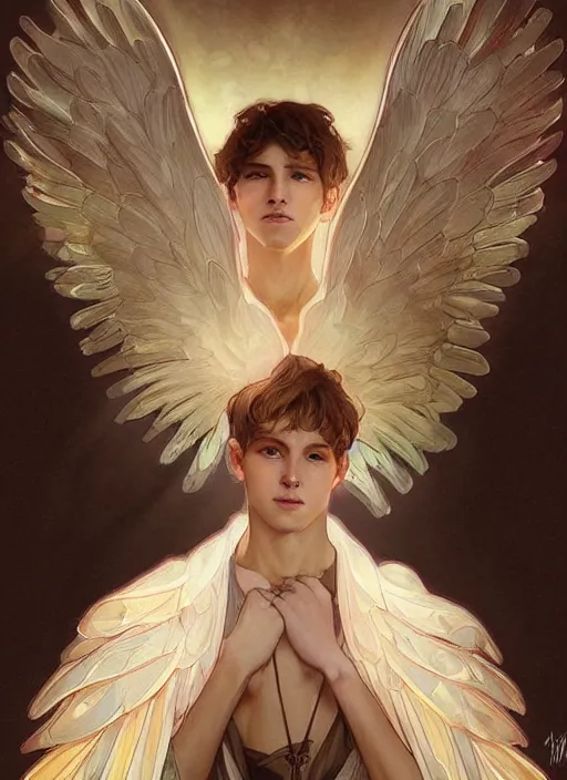 Image similar to digital character concept art by artgerm and greg rutkowski and alphonse mucha. portrait, young fourteen year old boy, like a young god, beautiful, angel wings!, holding a staff, detailed, poster art, light effect, glowing, hyper detail, intricate, elegant, digital painting, artstation, smooth, sharp focus