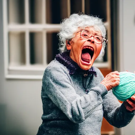 Image similar to elderly woman screaming at a ball of yarn, canon eos r 3, f / 1. 4, iso 2 0 0, 1 / 1 6 0 s, 8 k, raw, unedited, symmetrical balance, wide angle