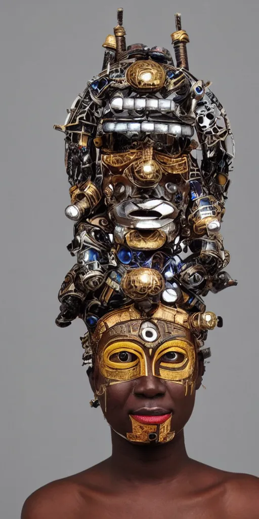 Prompt: a beautiful cyborg made of east african ceremonial maske