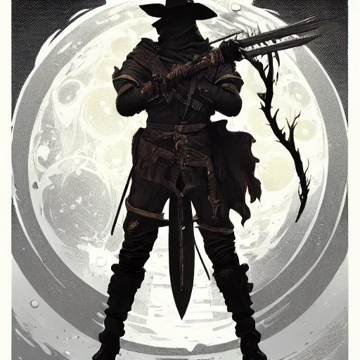 Image similar to an ultra detailed vector image of the hunter from bloodborne dressed as solaire of astora, concept art by alphonse mucha and greg rutkowski, scary shadows, blood moon eclipse, octane render, liminal space