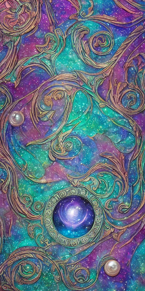 Image similar to intricate colourfully painted carved Soapstone relief paneling, iridescent, pearl and pale blue toned, celestial, cosmos, galaxies, planets, divinity, moon goddess, mother earth, Earth Goddess mythology, Gaia, angels, dream atmosphere, bright colors, vivid colors, Ghostly, crystaline celtic, insanly detailed , artstation, wallpaper, hyper realistic, realistic lighting