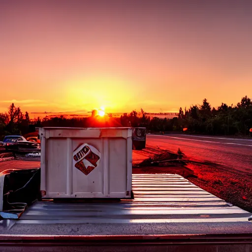 Prompt: a beautiful sunset over a dumpster on fire, landscape photography, award - winning, amazing details,