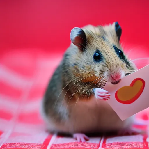 Image similar to detailed photo of a hamster holding a valentine's letter, various poses, full body, unedited, daylight, dof, sharp focus, 8 k