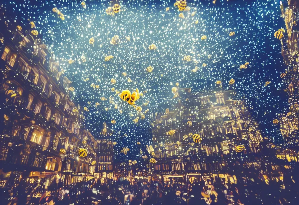 Image similar to 3 d 🐝 popping out of curved screen, town square, volumetric lighting, bokeh, creterion collection, shot on 7 0 mm, instax
