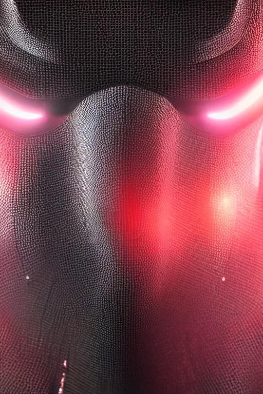 Image similar to closeup shot of a carbon black cyborg, macro shot, dof, cinematic, volumetric lighting, studio shot, red light, 4 k