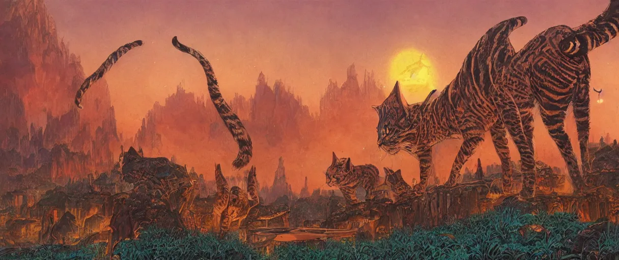 Prompt: A beautiful illustration of a civilization of anthropomorphic Feline warriors by Bruce Pennington | Graphic Novel, Visual Novel, Colored Pencil, Comic Book:.3 | unreal engine:.5 | establishing shot