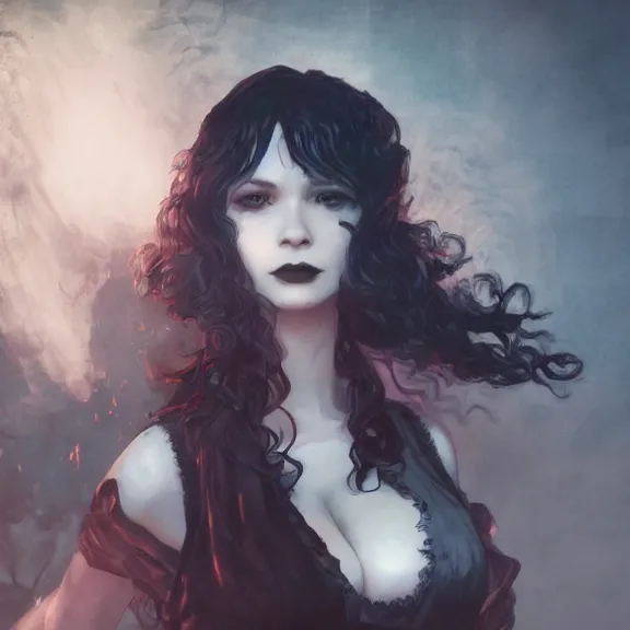 Image similar to christina hendricks!!!!! goth!!!!!, tankoban, 4 k, tone mapping, akihiko yoshida, james jean andrei riabovitchev marc simonetti, yoshitaka amano, long hair, curly, h. hydrochaeri