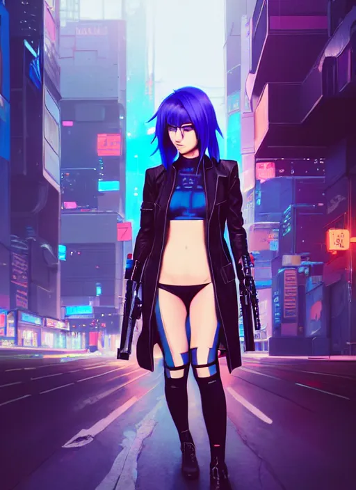 Image similar to hyper realistic photograph portrait of cyberpunk pretty girl with blue hair, wearing a full leather outfit, holding a whip, in city street at night, by makoto shinkai, ilya kuvshinov, lois van baarle, rossdraws, basquiat