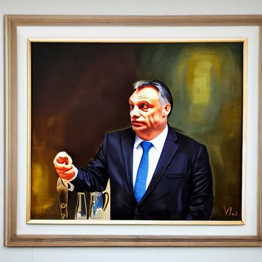 Prompt: viktor orban making specialty coffee, oil painting