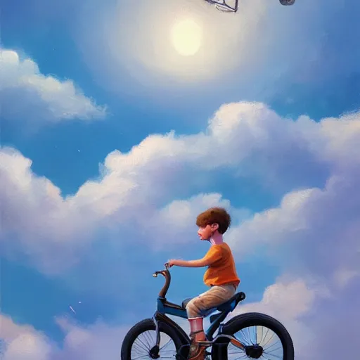 Image similar to A whimsical painting of a boy riding a bicycle in the sky, flying through the clouds, digital art, artstation, Mandy Jurgens, CGSociety, WLOP