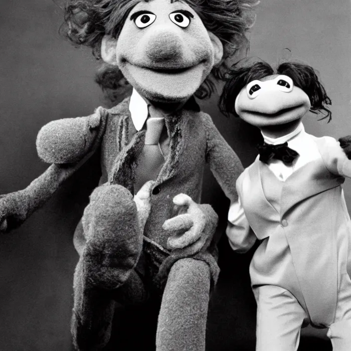 Image similar to movie still of Nicolas Sarkozy as a puppet from the muppet show, grainy picture cinemastill 800t 70s movie 18mm