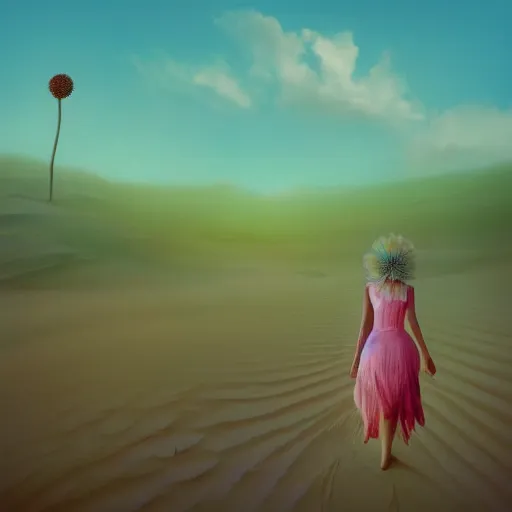 Image similar to portrait, giant dahlia flower head, girl walking between dunes, surreal photography, sunrise, blue sky, dramatic light, impressionist painting, digital painting, artstation, simon stalenhag