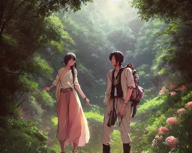 Image similar to a cinematic boy girl traditional romance moment of a group of university friends hiking wearing boho clothing and peonies, full body illustration,bestselling movie art poster, official media, 1970s fashion, official anime media, incredible art by artgerm and greg rutkowski and doja cat