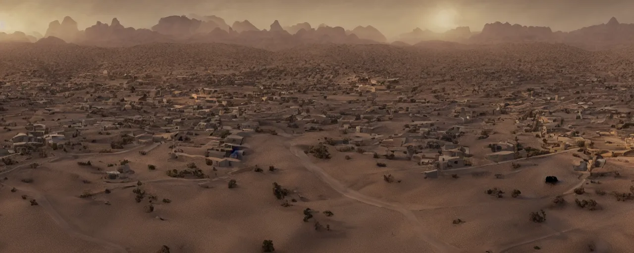 Image similar to A lonely town on the edge of the desert, highly detailed, 4k, cinematic lighting