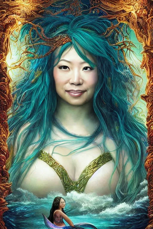 Image similar to a beautiful portrait of ming - na wen as a mermaid in a river of the amazon, ayahuasca, fantasy art, highly detailed, matte painting, visionary art