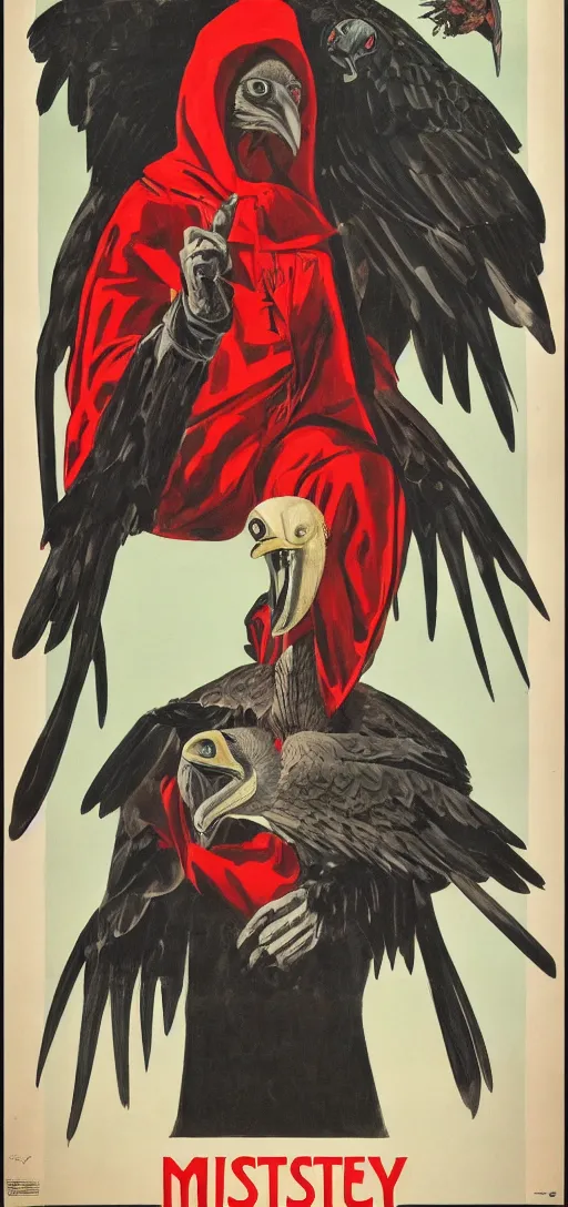 Image similar to mistery man in hood and red eyes with a dager, and a vulture, 1940s propaganda poster, full hd,highly detailed