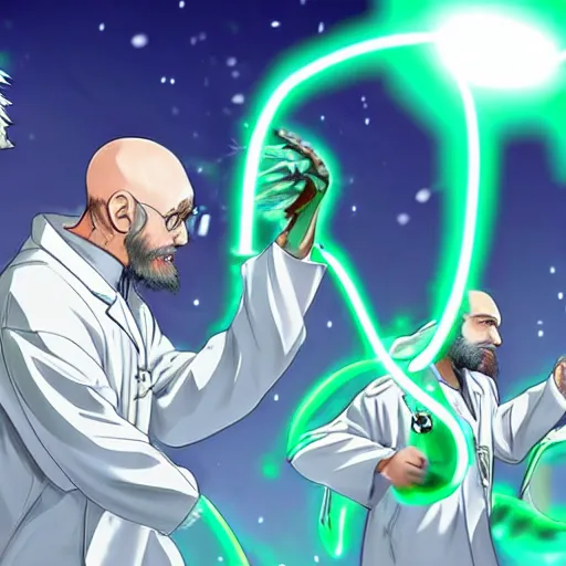 Image similar to The bald mad scientist with beard in the white lab coat has a glowing shield of bioluminescent armor protecting him during the battle. Action photo. Highly stylized. Anime.