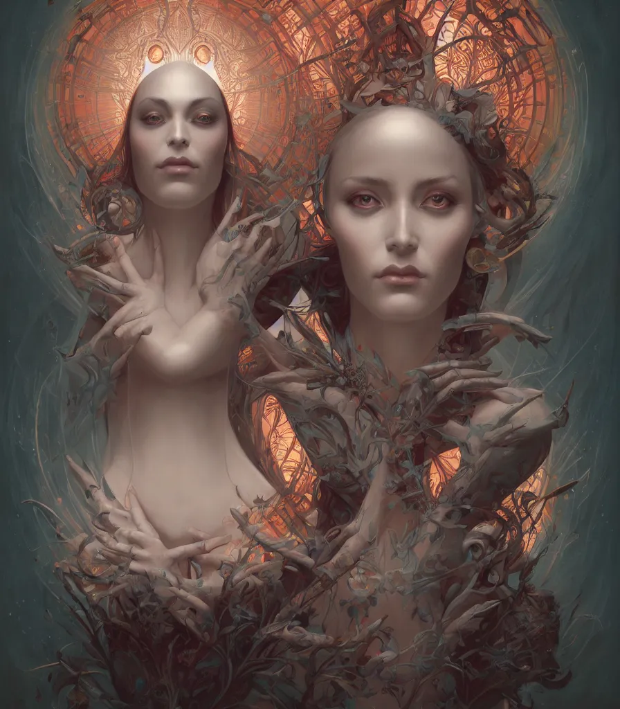 Prompt: symmetry!! the portrait of the absurdly beautiful woman, octane render, symmetrical face, maximalist details, octane render, trending in cgsociety, a beautiful painting by gerald brom, peter mohrbacher, sophie anderson