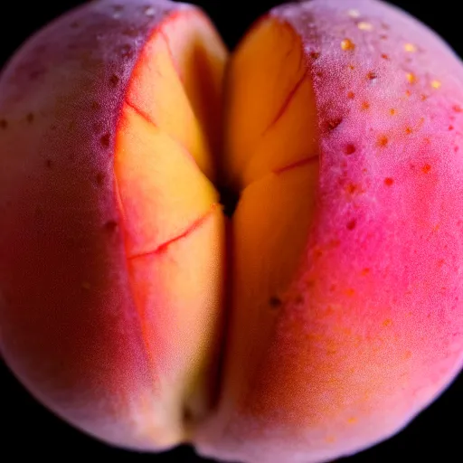 Image similar to a macro photo of a round peach's dry hairy skin, hyper realistic, hyper detailed, 35mm, very grainy film, pink volumetric studio lighting, bokeh, black background award winning shot, vogue magazine, cinematic, 8k, very closeup, elegant, tender, pastel