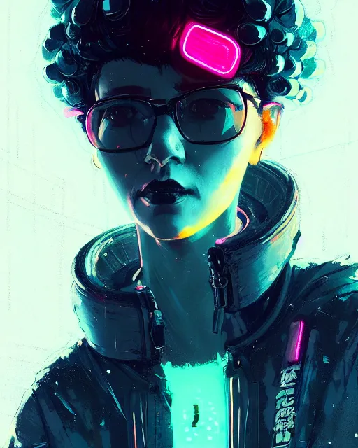 Prompt: detailed portrait neon operator lady, short curly hair, cyberpunk futuristic, neon, reflective puffy coat, decorated with traditional japanese by ismail inceoglu dragan bibin hans thoma greg rutkowski alexandros pyromallis nekro rene margitte, illustrated, perfect face, fine details, realistic shaded, fine - face, pretty face