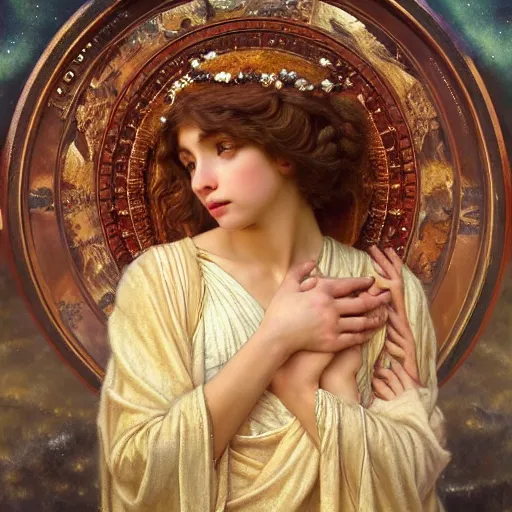 Prompt: highly detailed oil painting | very intricate | cinematic lighting | award - winning | the beautiful angel of jupiter wearing a flowing toga | by godward, by tom bagshaw, by j. c. leyendecker and klimt, beautiful cinematic light, american romanticism, by alphonse mucha, artstation, cgsociety, official art, octane