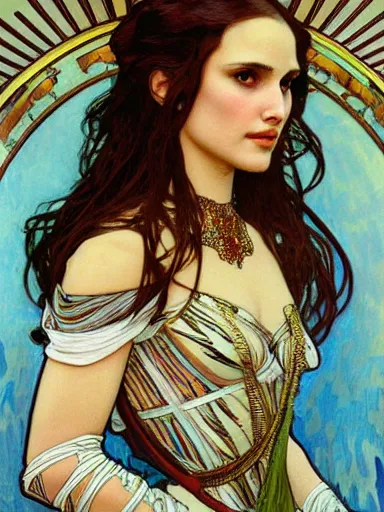 Image similar to a beautiful painting of natalie portman by Alphonse Mucha and by yoshitaka Amano and by Mark Brooks and by john william waterhouse, Art Nouveau, Neo-Gothic, gothic, award winning painting, hyperdetailed, detailed